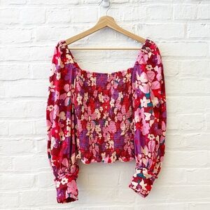 Free People || Ariana Floral Printed Smocked Top Long Sleeve Pink Red Small